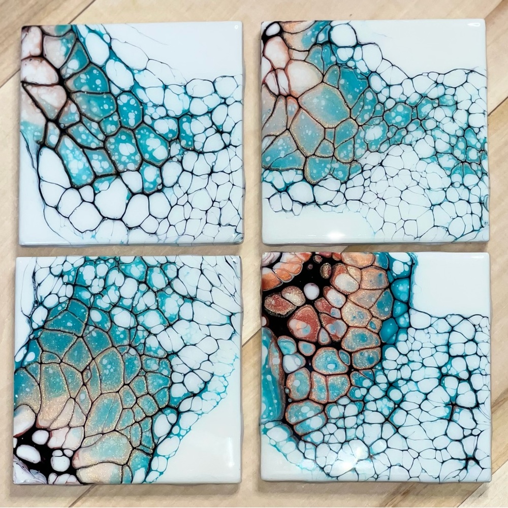 Ceramic Handmade painted & sealed set of 4 coasters New